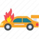accident, car, in, fire, burning, danger, extinguisher, flame, icon