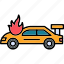 accident, car, in, fire, burning, danger, extinguisher, flame, icon 