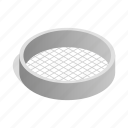 cooking, isometric, kitchen, metal, sieve, sift, tool