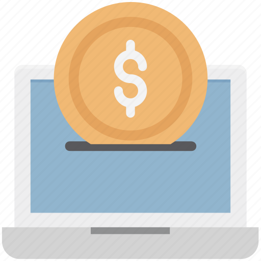 Dollar, dollar coin with laptop, insert coin online, laptop, laptop pc, online banking, online business icon - Download on Iconfinder