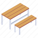 furniture, benches, outdoor seating, table, park benches