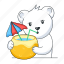 coconut water, summer bear, coconut drink, bear drinking, beach bear 