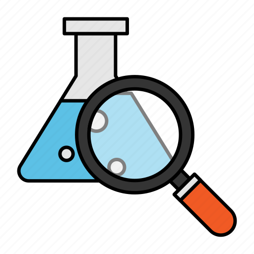 Flask, conical flask, laboratory, chemical, analysis, magnifying glass icon - Download on Iconfinder