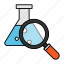 flask, conical flask, laboratory, chemical, analysis, magnifying glass 