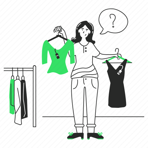 Store, clothes in the store, shopping, choosing clothes, difficult choice, choosing a dress, trying on a dress illustration - Download on Iconfinder