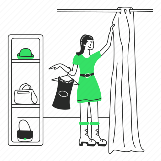 Store, shopping, choosing a dress, fitting, fitting room, girl with a dress, girl chooses a dress illustration - Download on Iconfinder