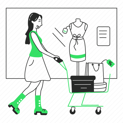 Shop, shopping, shopping in a store, girl with shopping cart, girl in a store, window shopping, store illustration - Download on Iconfinder