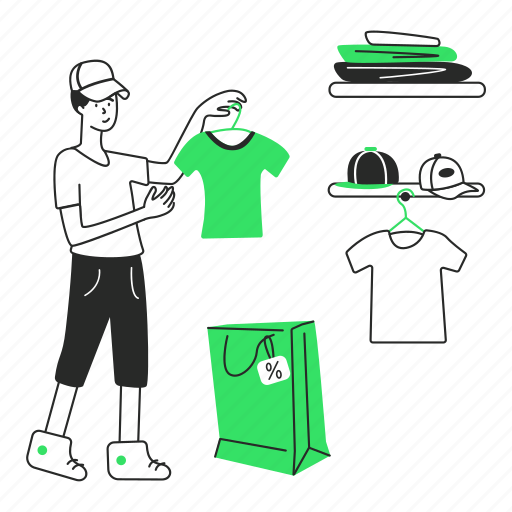 Clothing choice, clothing discounts, choose clothes, shelves of stuff, guy chooses a t-shirt, fashion discounts, store illustration - Download on Iconfinder