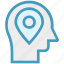 head, human head, location, map pin, mind, thinking 