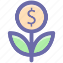 business, coin, dollar, flower, grow, plant