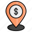 bank location, location pin, money, wealth, cash, coin, navigation 