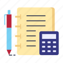 balance sheet, bookkeeping, calculator, data recording, document, ledger