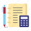 balance sheet, bookkeeping, calculator, data recording, document, ledger 