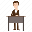 businessman, cartoon, chair, desk, office, sitting, table