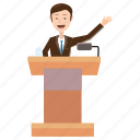 business, cartoon, man, podium, politician, report, speaker