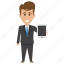 business concept, businessman holding ipad, businessman holding tablet pc, businessman showing ipad, cartoon business person 