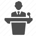 person, avatar, business, conference, microphone, podium, speech, user, lecture, businessman, male, man