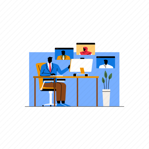 Man, video, call, group, team, communication, business illustration - Download on Iconfinder
