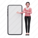 businesswoman, smartphone, sweater, presenting, showing, beside, hand, offer, promotion 