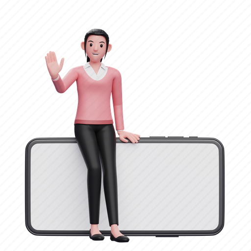 Businesswoman, phone, smartphone, sweater, pink, waving had, say hi 3D illustration - Download on Iconfinder