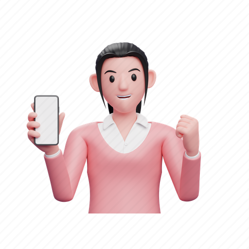 Businesswoman, phone, smartphone, sweater, winner gesture, hand, celebration 3D illustration - Download on Iconfinder