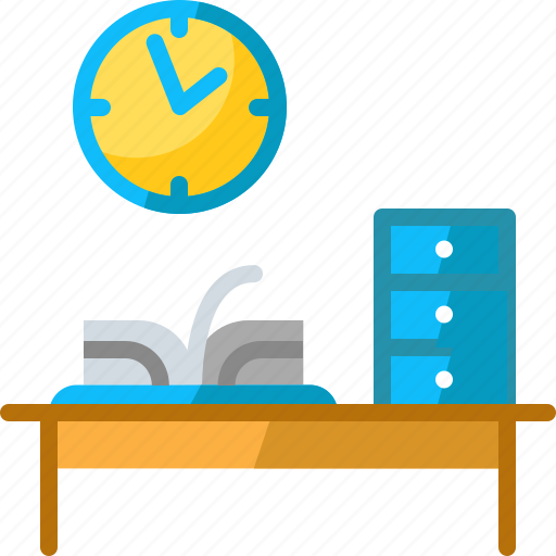 Book, cabinet, clock, desk, home office, read, work icon - Download on Iconfinder