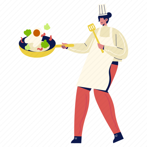 Chef cooking dish in kitchen, chef, cooking, kitchen, menu, breakfast, sunny side up illustration - Download on Iconfinder