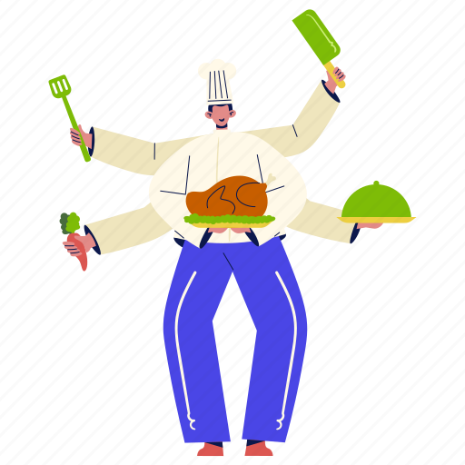 Multitasking chef, multitask, many hands, busy, working, chef, cooking illustration - Download on Iconfinder