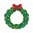 christmas, wreath, flat, icon, evergreen, lights, decor, house