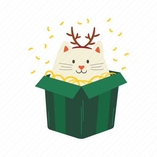 Cat, reindeer, antlers, present, flat, icon, funny icon - Download on Iconfinder