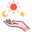 moon, crescent, celestial, star, tattoo, hands, sun 