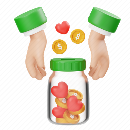 Charity, savings, jar, hand, love, coin, money 3D illustration - Download on Iconfinder