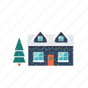 tree, evergreen, flat, icon, snow, christmas, private, family, house