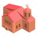 brick, cartoon, church, house, isometric, nature, red