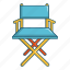 cartoon, chair, cinema, director, film, movie, producer 