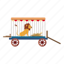 africa, cartoon, circus, lion, lion in cage, logo, sit 