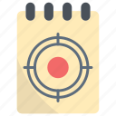 notepad, target, goal, achievement, dartboard, aim, success