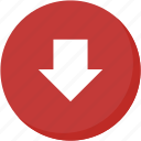 arrow, circle, direction, down, download, navigation, red