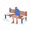 man outdoors, man on bench, wintertime, freezing weather
