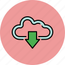 arrow, cloud, communication, down, download, save, share