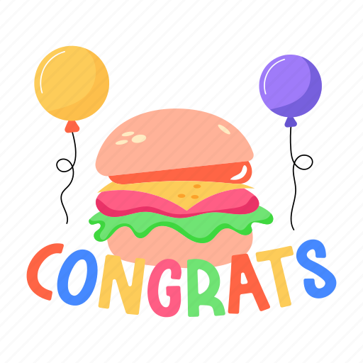Burger, fast food, congrats word, congrats text, party balloons sticker - Download on Iconfinder