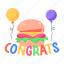 burger, fast food, congrats word, congrats text, party balloons 