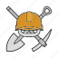 construction, hard hat, mining, navvy pick, pickaxe, shovel 