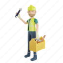 3d render, illustration, construction worker, isolated, wrench, tool case, element, labor 