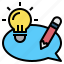bulb, dialog, idea, light, pencil 