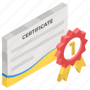 award certificate, certificate, deed, degree, diploma, qualification
