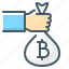 bag, bitcoin, cash, cryptocurrency, hand 