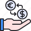 hand, exchange, dollar, euro, payment 