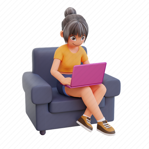 Cute, girl, stdying, home, course, online, student 3D illustration - Download on Iconfinder