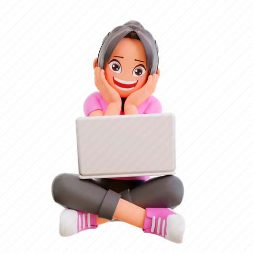 School, cute, girl, studying, home, videocall, lesson 3D illustration - Download on Iconfinder